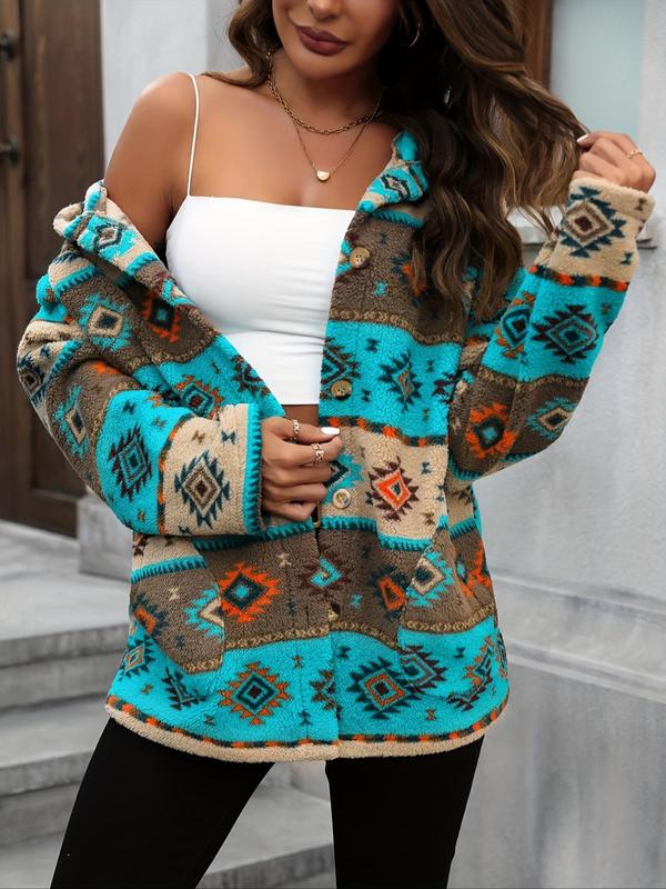 Women's Tribal Print Button Front Hooded Fleece Jacket, Casual Drop Shoulder Long Sleeve Plush Outerwear for Fall & Winter, Ladies Clothes for Daily Wear