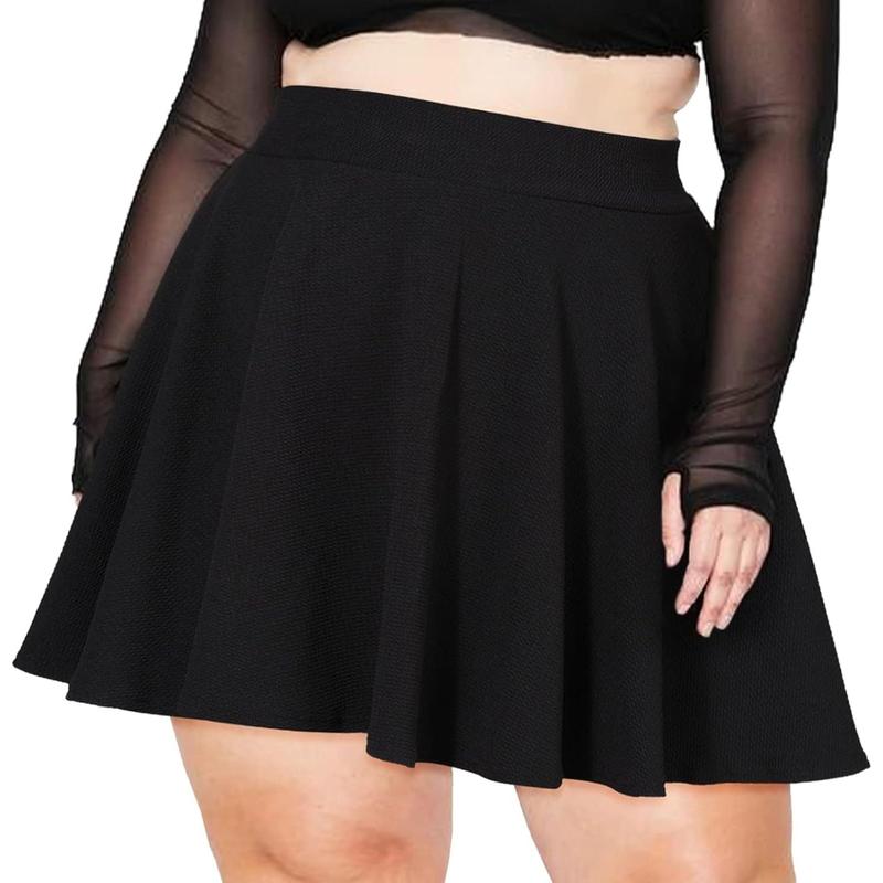 Women's plus size mini skater skirt-basic versatile high waisted flared casual stretchy skirts