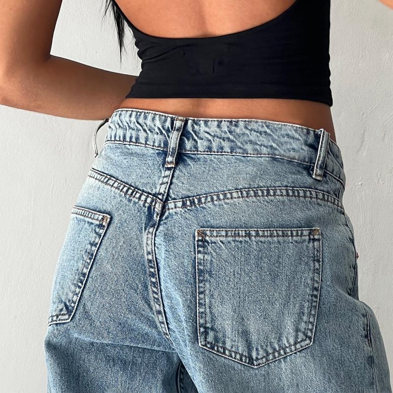 Women Spring Summer Denim Pants Low Waist Wide Leg Trousers with Multi Pockets