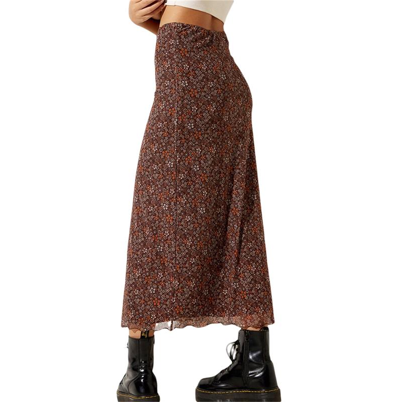 Women´s Casual Long Skirts, Floral Printed High Waist Simple Elegant Elastic Waist Skirts, Street Style Bottoms Fashion Womenswear Check Light