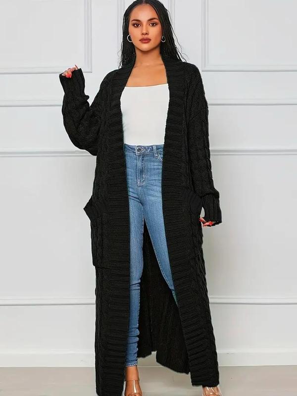  Solid Color Textured Pocket Drop Shoulder Long Cardigan, Fall Outfits, Casual Long Sleeve Open Front Knitwear for Fall, Women's Plus Clothing for Daily Wear, Winter Outfits 2024, Downtown Girl Clothes