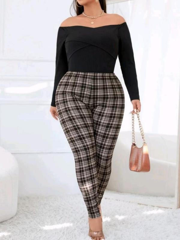  Plaid Print High Waist Leggings, Casual Comfy Skinny Pants for Women, Women's Bottoms for Fall & Winter