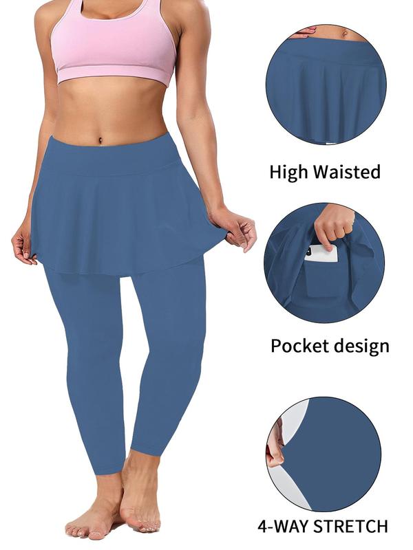  Plain Pocket Panel Skirt Overlay 2 in 1 Leggings, Casual Comfy High Waist Skinny Pants for Daily Wear, Women's Bottoms for All Seasons, Pants for Women, Leggings for Women, Plus Size Clothing