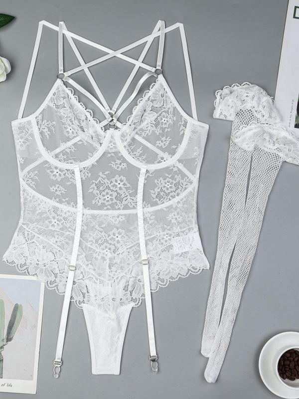 Three-piece Set Women's Solid Criss Cross Sheer Lace Sexy Lingerie, Adjustable Strap Backless Bodysuit & Frill Trim Stockings, Women's Lingerie & Underwear Set for All Seasons