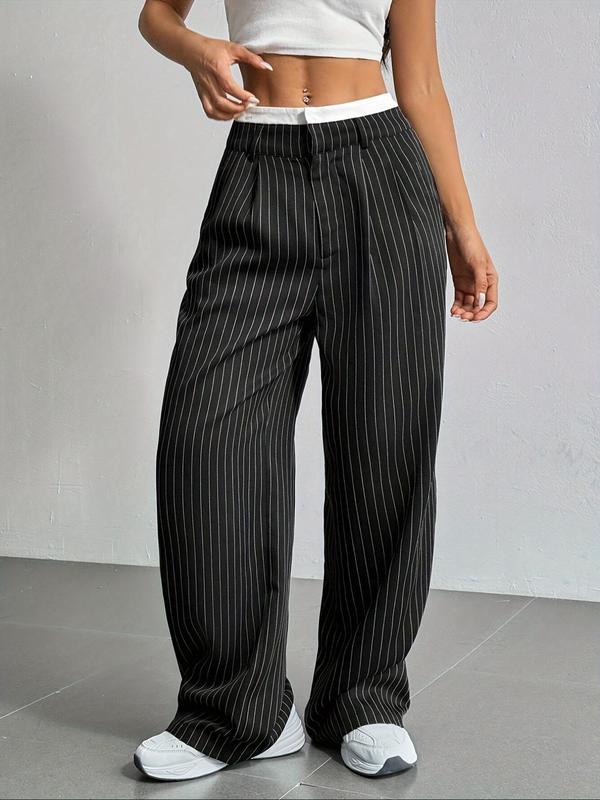 Women's All Over Striped Print Pocket Wide Leg Pants, Casual Comfy Trousers for Spring & Fall, Women's Bottoms for Daily Wear