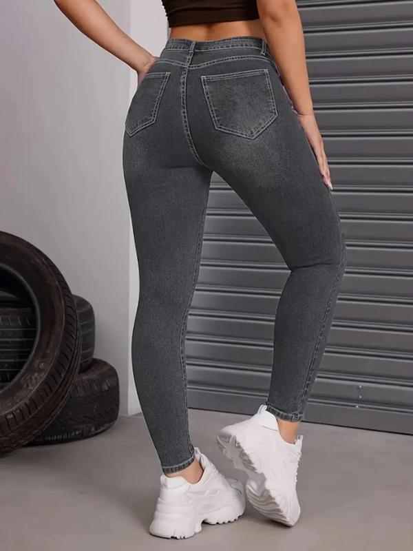 Women's Minimalist Plain Ripped Button Pocket Washed Jeans, Back To School Jeans for Women, Lady Casual Fashion Comfort Skinny Denim Pants, Fall Jeans Trouser for Women, Going Out Outfits Downtown Girl Clothes