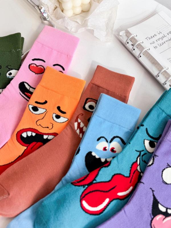 Women's Cartoon Face Print Crew Socks, Casual Moisture Wicking Mid Tube Socks, Soft Comfy Breathable Socks for All Seasons Daily Wear