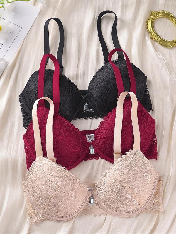 Women's Plain Floral Lace Buckle Front Backless Bra, Casual Comfortable Breathable Adjustable Strap Bra, Lingerie for All Seasons