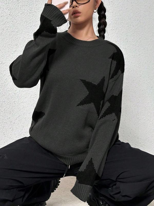 Women's Star Print Drop Shoulder Sweater, Cute Long Sleeve Round Neck Jumper for Daily Wear, Ladies Knitwear for All Seasons