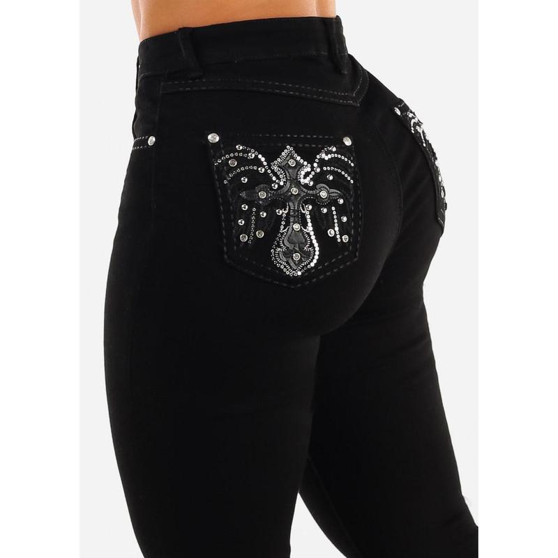 High Waist Black Bootcut Jeans w Back Pocket Design