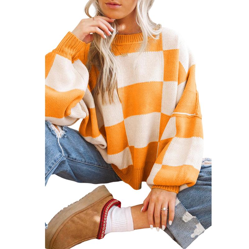 Women's Winter Checkered Bishop Sleeve Sweater in Multiple Colors - Knitwear, Womenswear Casual Comfort Long Sleeve Fashion Long Sleeve Fashion