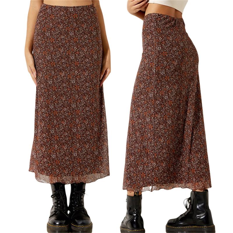 Women´s Casual Long Skirts, Floral Printed High Waist Simple Elegant Elastic Waist Skirts, Street Style Bottoms Fashion Womenswear Check Light