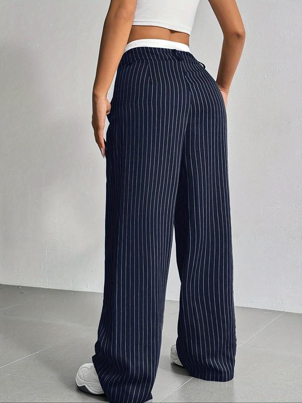 Women's All Over Striped Print Pocket Wide Leg Pants, Casual Comfy Trousers for Spring & Fall, Women's Bottoms for Daily Wear