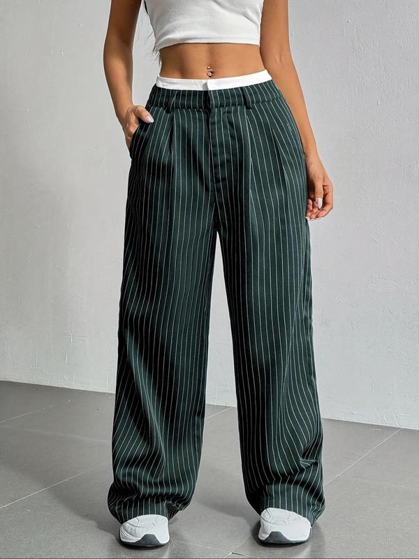 Women's All Over Striped Print Pocket Wide Leg Pants, Casual Comfy Trousers for Spring & Fall, Women's Bottoms for Daily Wear