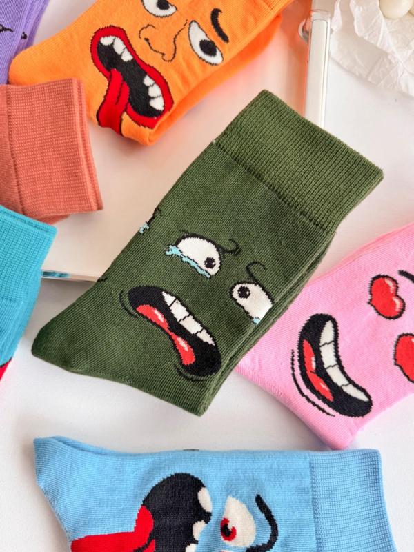 Women's Cartoon Face Print Crew Socks, Casual Moisture Wicking Mid Tube Socks, Soft Comfy Breathable Socks for All Seasons Daily Wear