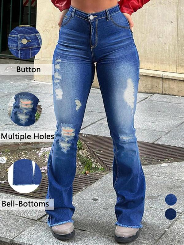 Women's Ripped Pocket Design Button Fly Flare Leg Jeans, Casual Pants Comfy High Waist Raw Hem Bell Bottom Denim Trousers for Daily Wear, Ladies Bottoms for All Seasons