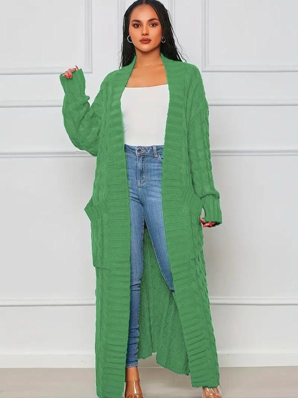  Solid Color Textured Pocket Drop Shoulder Long Cardigan, Fall Outfits, Casual Long Sleeve Open Front Knitwear for Fall, Women's Plus Clothing for Daily Wear, Winter Outfits 2024, Downtown Girl Clothes