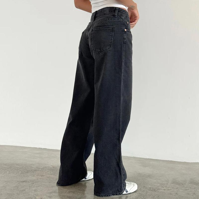 Women Spring Summer Denim Pants Low Waist Wide Leg Trousers with Multi Pockets