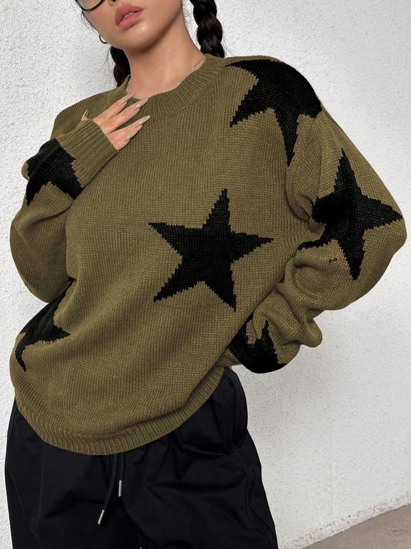 Women's Star Print Drop Shoulder Sweater, Cute Long Sleeve Round Neck Jumper for Daily Wear, Ladies Knitwear for All Seasons