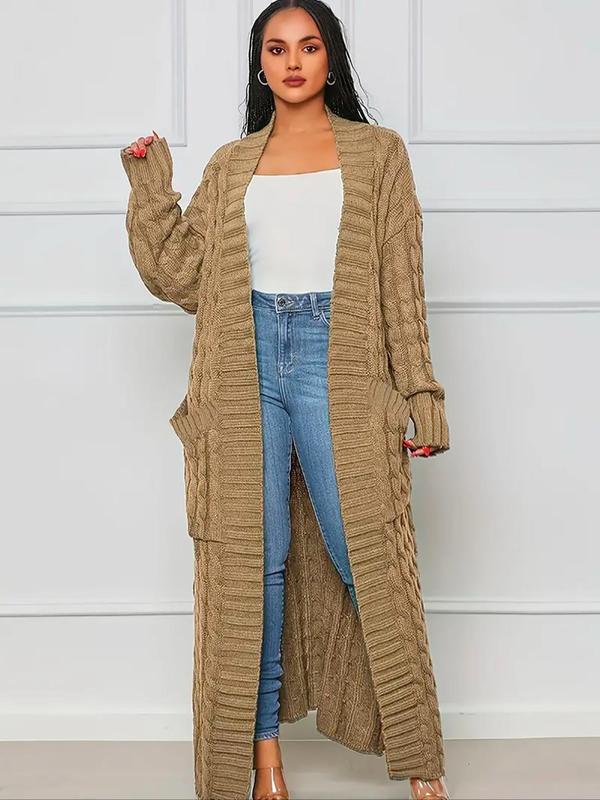  Solid Color Textured Pocket Drop Shoulder Long Cardigan, Fall Outfits, Casual Long Sleeve Open Front Knitwear for Fall, Women's Plus Clothing for Daily Wear, Winter Outfits 2024, Downtown Girl Clothes