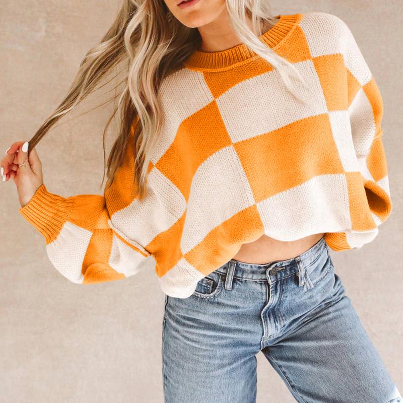 Women's Winter Checkered Bishop Sleeve Sweater in Multiple Colors - Knitwear, Womenswear Casual Comfort Long Sleeve Fashion Long Sleeve Fashion