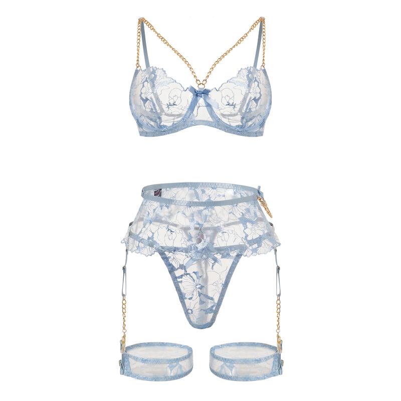 Blue Floral Embroidered Lingerie Set -Semi-Sheer Underwire Bra with Garter Belt,  Strap Basic Minimalist Underwear Womenswear Comfort Spaghetti Strap