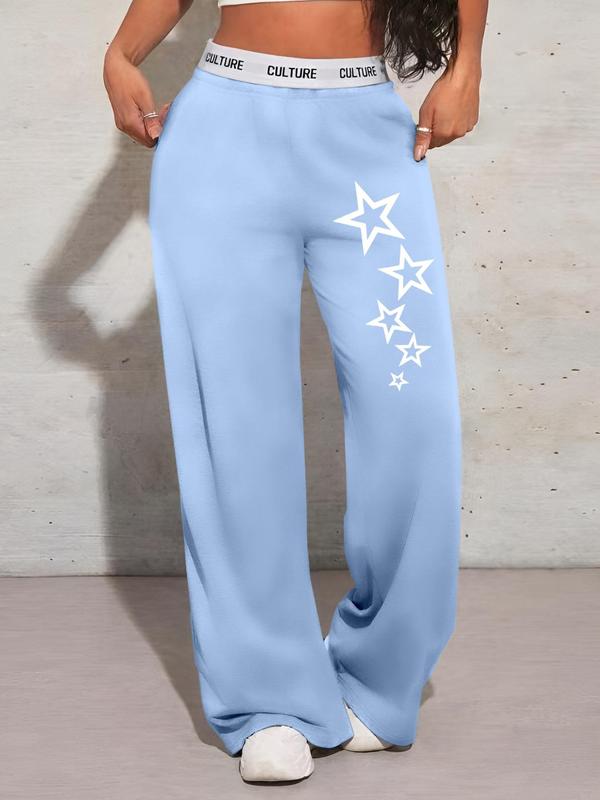 Women's Star Print Letter Tape Pocket Sweatpants, Casual Y2K Wide Leg Trousers for Daily Wear, Ladies Bottoms for All Seasons