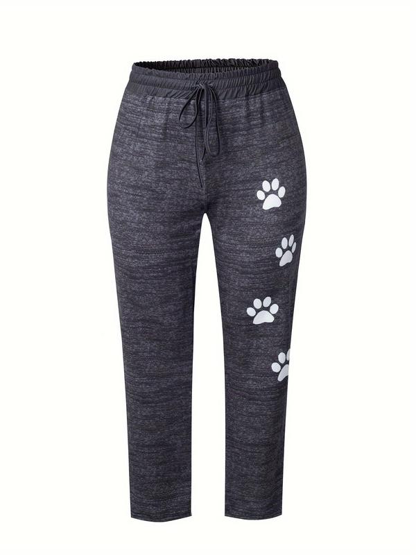  Cartoon Paw Print Drawstring Waist Wide Leg Pants, Casual Comfy Trousers for Women, Women's Bottoms for Fall & Winter