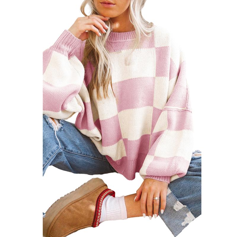 Women's Winter Checkered Bishop Sleeve Sweater in Multiple Colors - Knitwear, Womenswear Casual Comfort Long Sleeve Fashion Long Sleeve Fashion