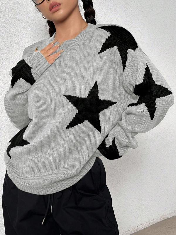 Women's Star Print Drop Shoulder Sweater, Cute Long Sleeve Round Neck Jumper for Daily Wear, Ladies Knitwear for All Seasons