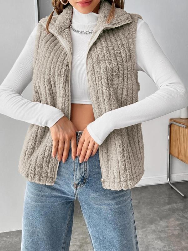 Women's Solid Color Zip Up Fuzzy Plush Vest Coat, Casual Plain Collared Sleeveless Outerwear for Fall & Winter, Women's Clothing for Daily Wear