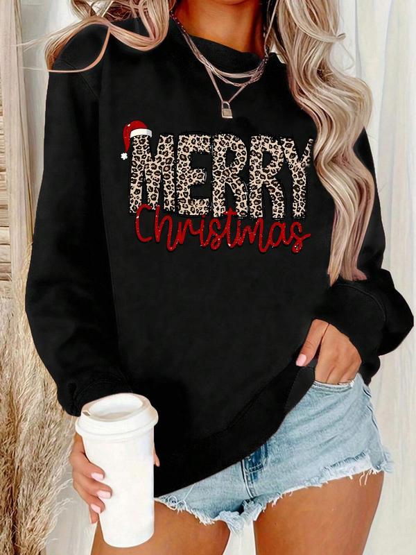 Women's Leopard Letter & Christmas Santa Hat Print Round Neck Pullover, Casual Long Sleeve Crew Neck Sweatshirt for Fall & Winter, Women's Clothes for Daily Wear