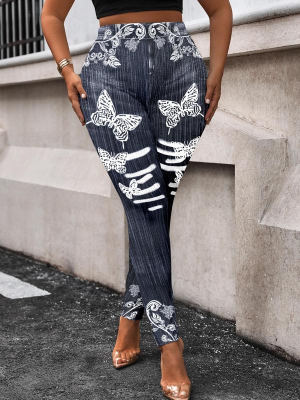  Butterfly & Floral Print High Waist Leggings, Casual Comfy Skinny Pants for Daily Wear, Women's Bottoms for Fall & Winter