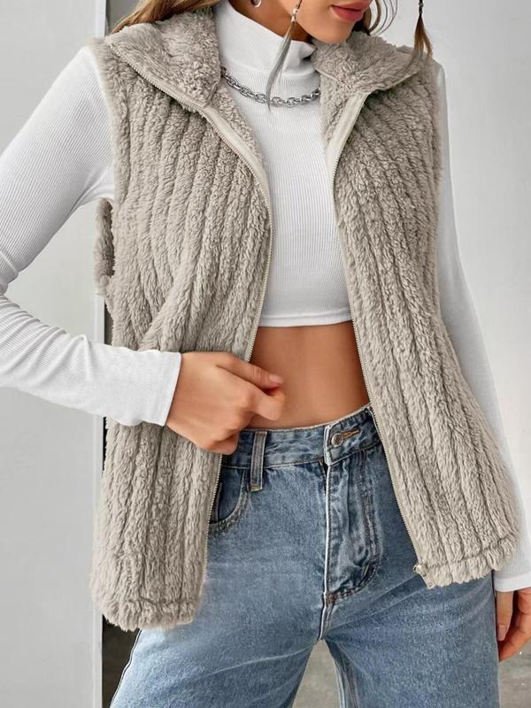 Women's Solid Color Zip Up Fuzzy Plush Vest Coat, Casual Plain Collared Sleeveless Outerwear for Fall & Winter, Women's Clothing for Daily Wear