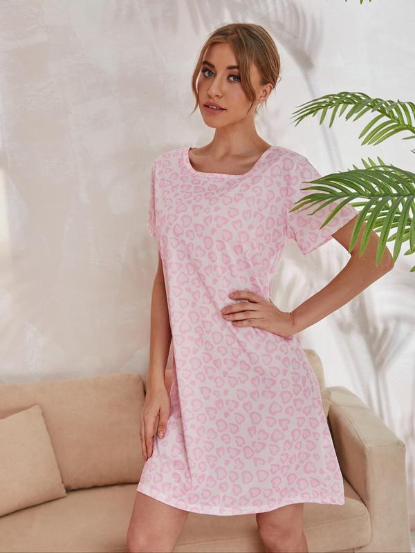 Women's All Over Print Round Neck Nightdress, Casual Soft Comfortable Short Sleeve Nightgown for Daily Wear, Ladies Sleepwear for All Seasons