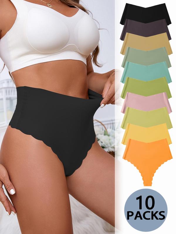 Women's Solid Scallop Trim High Waist Panty, Soft Comfy Breathable Seamless Knicker for Daily Wear, Underwear for All Seasons