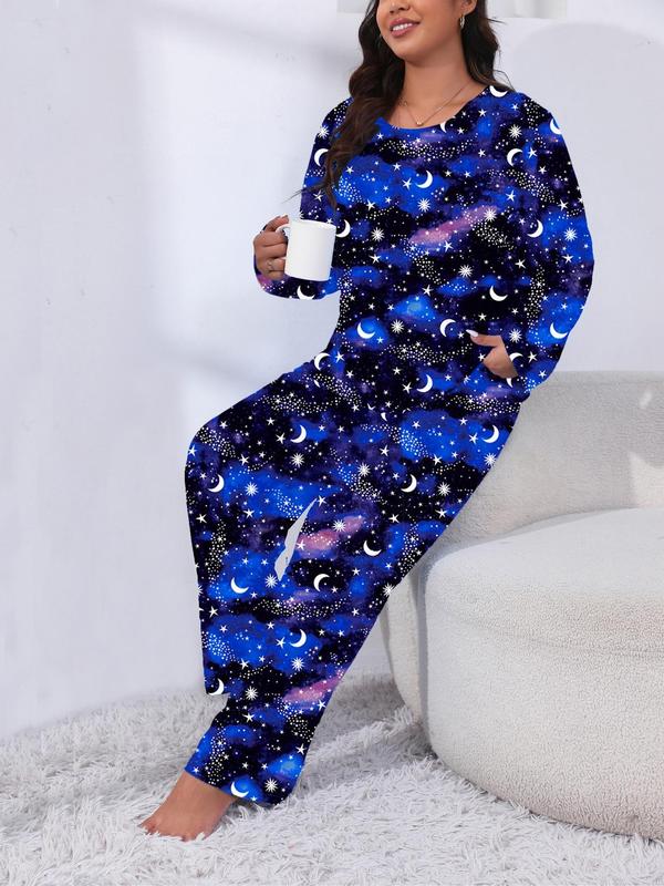  Two-Piece Set Galaxy Print Tee & Elastic Waist Pants Pyjama, Casual Comfy Round Neck Long Sleeve T-shirt & Trousers PJ Set, Women's Sleepwear for Spring & Fall