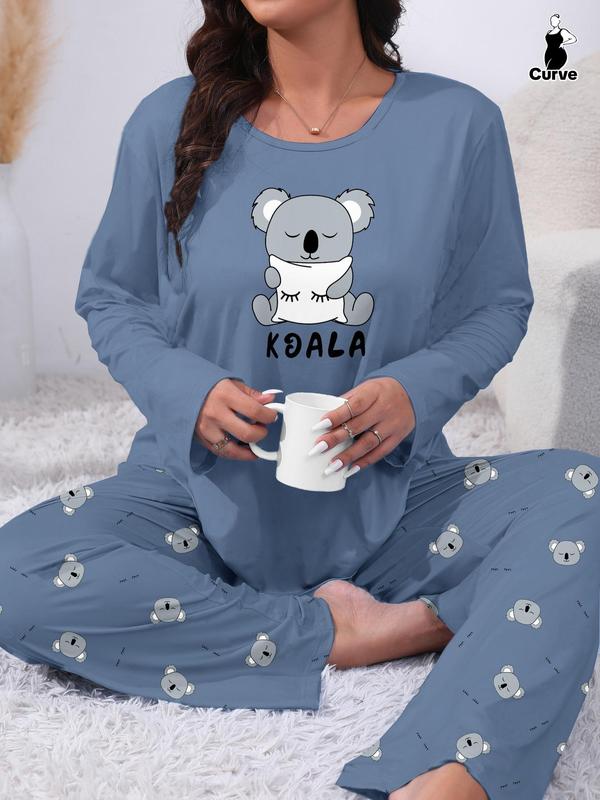  Two-Piece Set Cartoon Animals Print Tee & Elastic Waist Pants Pyjama Set, Casual Comfy Round Neck Long Sleeve T-shirt & Trousers PJ Set, Women's Sleepwear for Spring & Fall