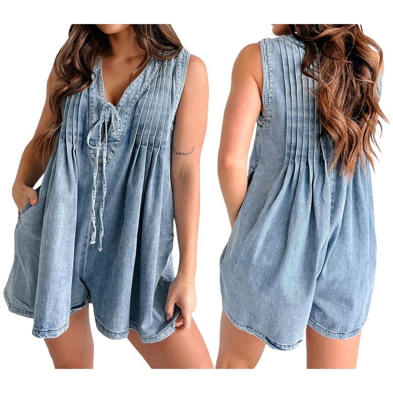 Women's Demin Tank Top Jumpsuit Loose Pleated Tie Front V Neck Sleeveless Shorts Romper with Pockets for Summer