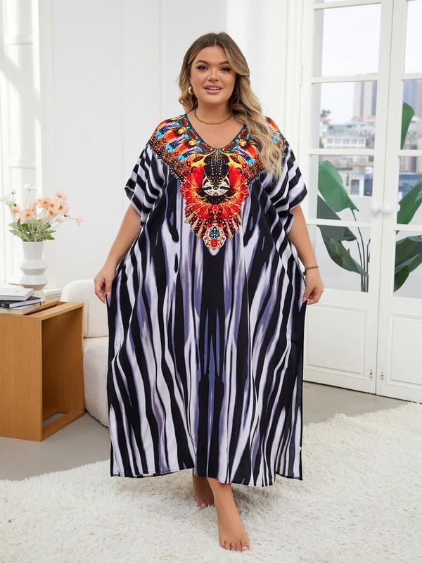 Plus Size Women's All Over Print Batwing Sleeve V Neck Dress, Muumuu Dress, Boho Casual Half Sleeve Long Dress for Daily Holiday Vacation Wear, Maxi Dresses for Summer, Ladies Clothing for Summer, Birthday Dress for Women Black Girl Outfits Utah Girl Fits