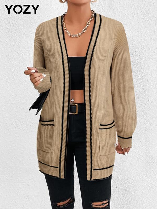 YOZY Women's Contrast Binding Drop Shoulder Cable Knit Cardigan, Casual Long Sleeve Pocket Open Front Knitwear for Fall & Winter, Fashion Ladies' Knit Clothing for Daily Wear