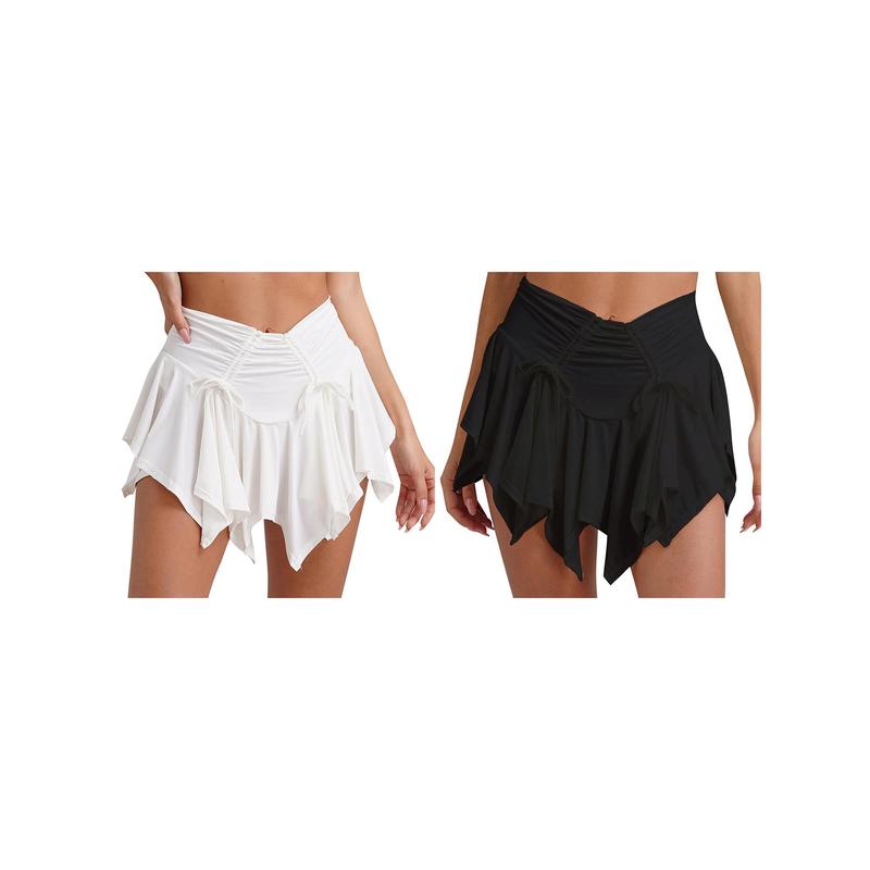 Women's Fashion Mini Skirts Solid Color Tie-Up Ruched Irregular Hem Pleated Skirts Gothic Punk Summer Casual Skirts