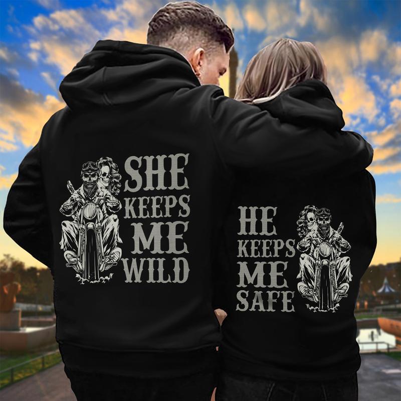 (BACK DESIGN)  Biker Matching Couple Hoodie Sweatshirt T-shirt , She Keeps Me Wild He Keeps Me Safe Hoodie, Anniversary Hoodie, Valentine's Day Hoodie, Cute Couple Hoodie, Gift For Couple D40234 Comfort Fit Womenswear Clothing