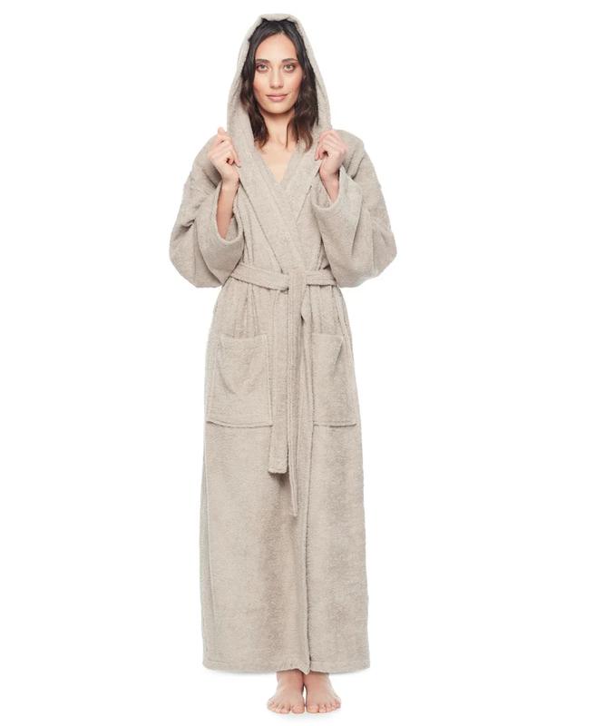 Women's Hooded Empress Cotton Terry Bathrobe Full Length Long, Belt Womenswear Comfort Gowns Pockets Nightwear Style Lady