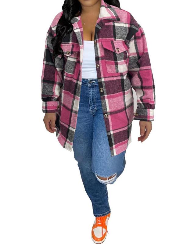 Women's Plaid Print Button Front Drop Shoulder Shirt Jacket, Casual Long Sleeve Pocket Collared Outerwear for Daily Wear, Ladies Clothes for All Seasons