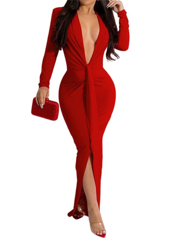 Women's Ruched Split Thigh Bodycon Dress, Long Sleeve Deep V Neck Maxi Dress for Party Club Dating Wear, Ladies Clothes for All Seasons