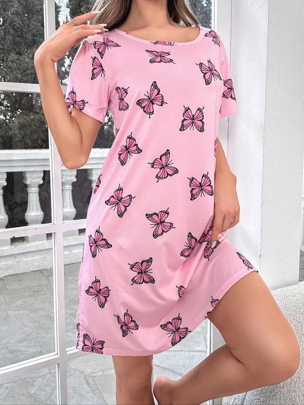 Women's All Over Print Round Neck Nightdress, Casual Soft Comfortable Short Sleeve Nightgown for Daily Wear, Ladies Sleepwear for All Seasons