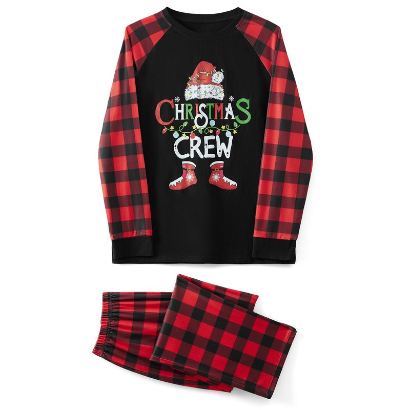 Matching Christmas Pajamas For Family Letter Santa Hat Print Long Sleeve Tops and Plaid Pants Sleepwear