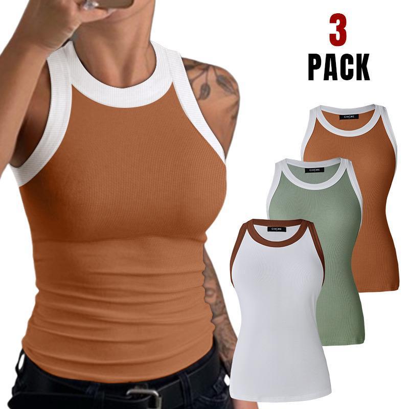 Chicme 3-Piece Contrast Binding Basic Slim Knit Ribbed Racerback Tank Top casual tanktop top