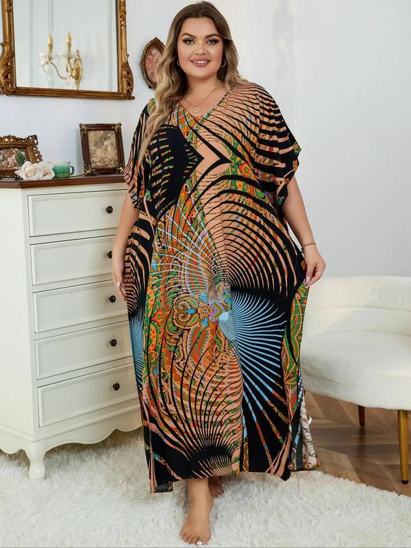 Plus Size Women's All Over Print Batwing Sleeve V Neck Dress, Muumuu Dress, Boho Casual Half Sleeve Long Dress for Daily Holiday Vacation Wear, Maxi Dresses for Summer, Ladies Clothing for Summer, Birthday Dress for Women Black Girl Outfits Utah Girl Fits